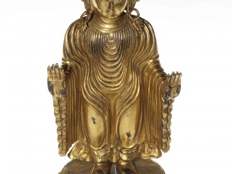 Tibetan gilt bronze Bodhisattva, standing with arms and palms forward,...