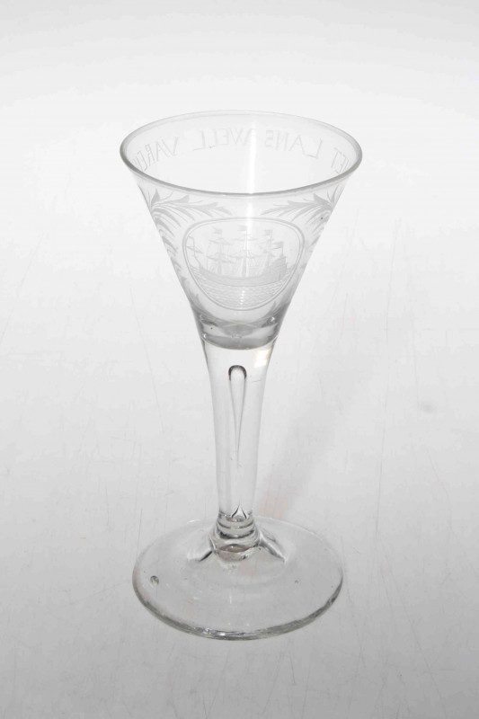 18th Century Dutch wine glass engraved with sailing ship and wording HET LANS WELL VAREN (The prosperity of the Country), 18cm.