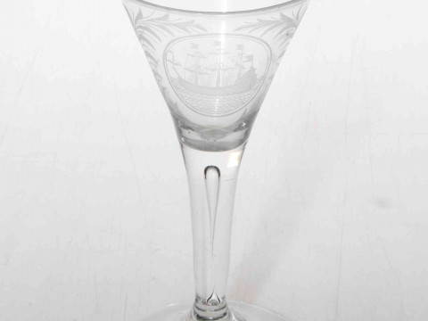 18th Century Dutch wine glass engraved with sailing ship and wording HET...