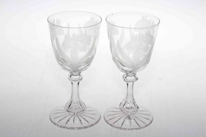 Pair of large wine goblets, the bowls etched with flowers and on hexagonal stems, 19cm.