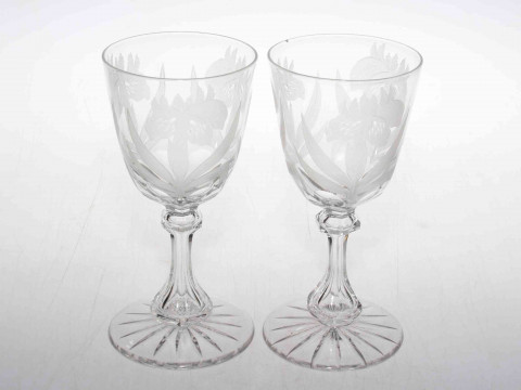 Pair of large wine goblets, the bowls etched with flowers and on hexagonal...