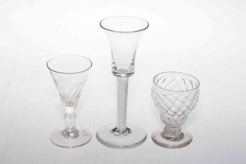 Antique Scottish Bonnet glass, air twist stem glass, and small wrythen bowl glass, tallest 16cm.