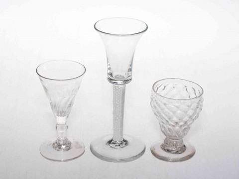 Antique Scottish Bonnet glass, air twist stem glass, and small wrythen...