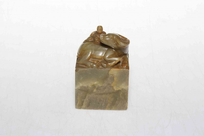 Chinese soapstone/marble carving of figure on water buffalo, 8cm.