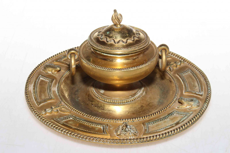 French 19th Century gilt desk inkwell with rope twist borders, 20cm diameter.