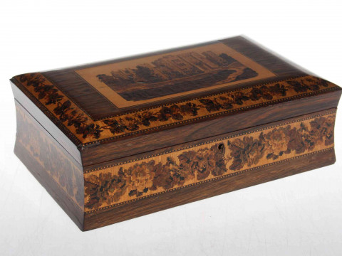 19th Century Tunbridge ware box, having castle decoration to lid with...