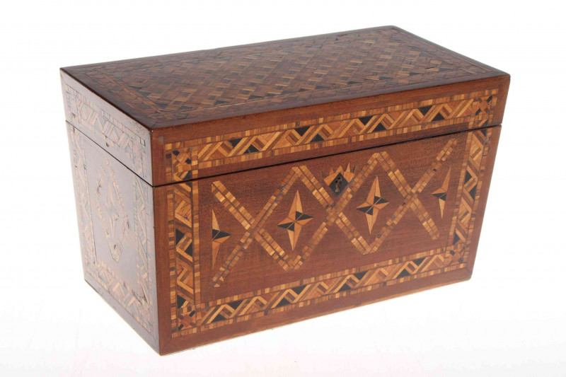 19th Century marquetry caddy, having profuse decoration enclosing two compartments and blending bowl, 27cm across.