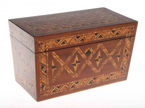 19th Century marquetry caddy, having profuse decoration enclosing two...