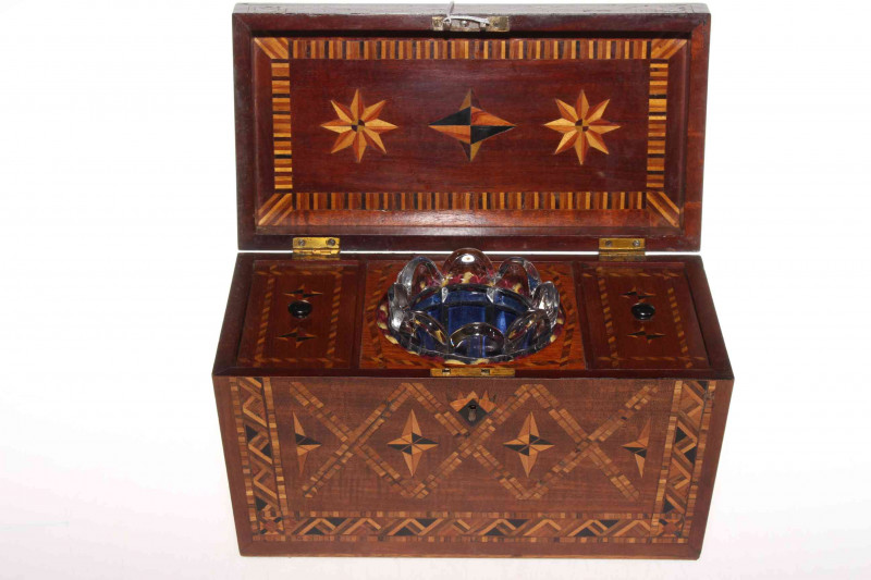 19th Century marquetry caddy, having profuse decoration enclosing two compartments and blending bowl, 27cm across.