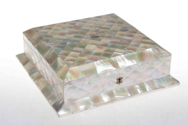 Victorian mother of pearl box, of square form with shallow interior, 27cm wide, 8cm high.
