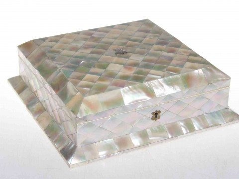 Victorian mother of pearl box, of square form with shallow interior, 27cm...