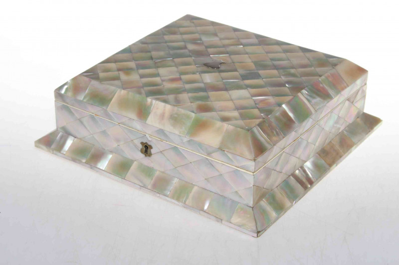 Victorian mother of pearl box, of square form with shallow interior, 27cm wide, 8cm high.