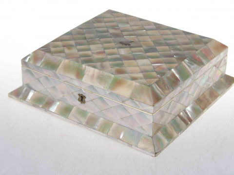 Victorian mother of pearl box, of square form with shallow interior, 27cm wide, 8cm high. thumbnail