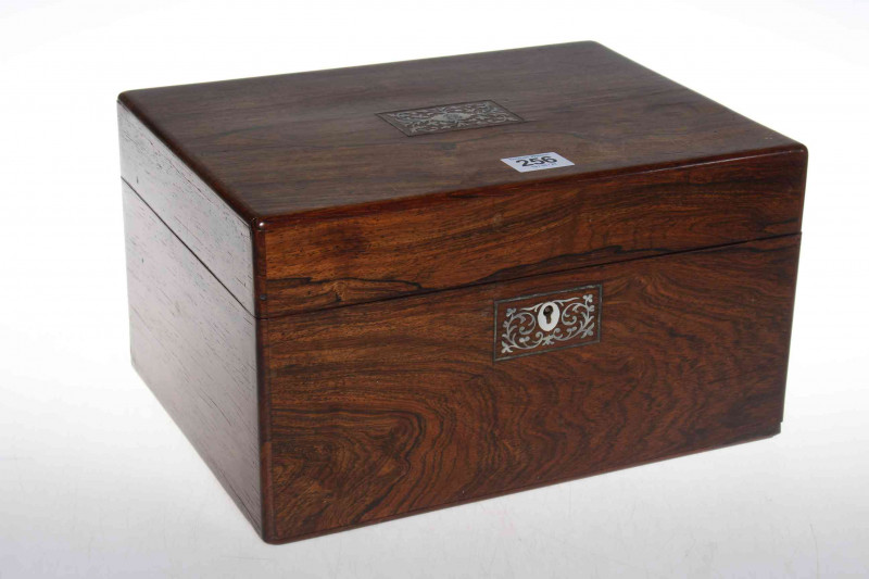 Victorian rosewood work box, with two panels of mother of pearl decoration, and well fitted interior, 30.5cm wide, 17cm high.