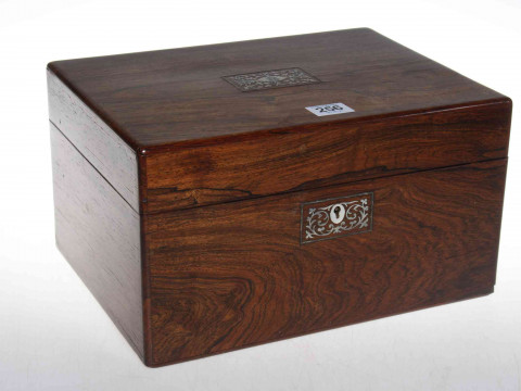 Victorian rosewood work box, with two panels of mother of pearl decoration,...