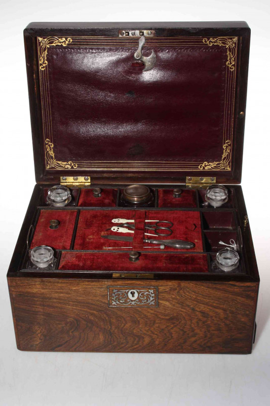 Victorian rosewood work box, with two panels of mother of pearl decoration, and well fitted interior, 30.5cm wide, 17cm high.