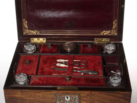 Victorian rosewood work box, with two panels of mother of pearl decoration, and well fitted interior, 30.5cm wide, 17cm high. thumbnail