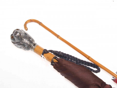 Umbrella with chased King Charles Spaniel handle, and a parasol (2). thumbnail