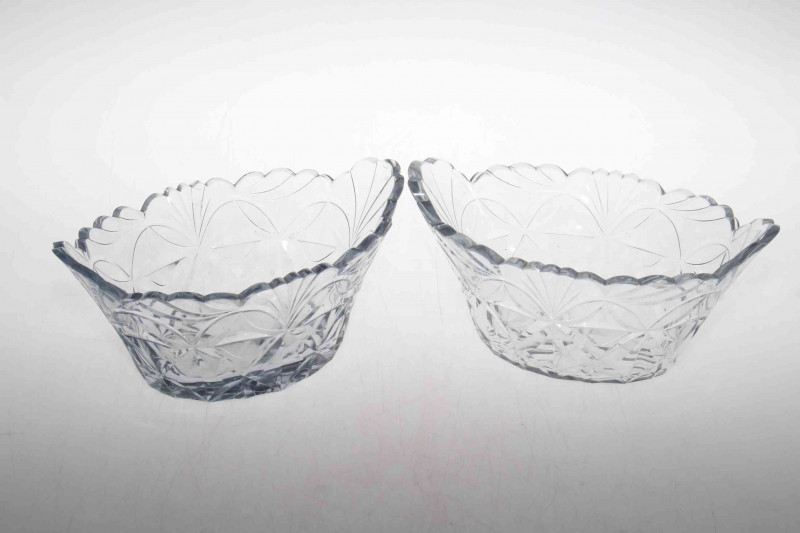 Pair cut glass boat shaped vases, 24cm across.