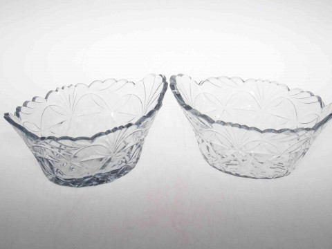 Pair cut glass boat shaped vases, 24cm across.
