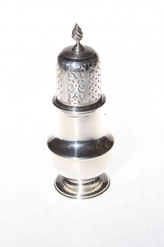 George III silver caster with spiral finial, makers mark WC, London 1790, 17cm.
