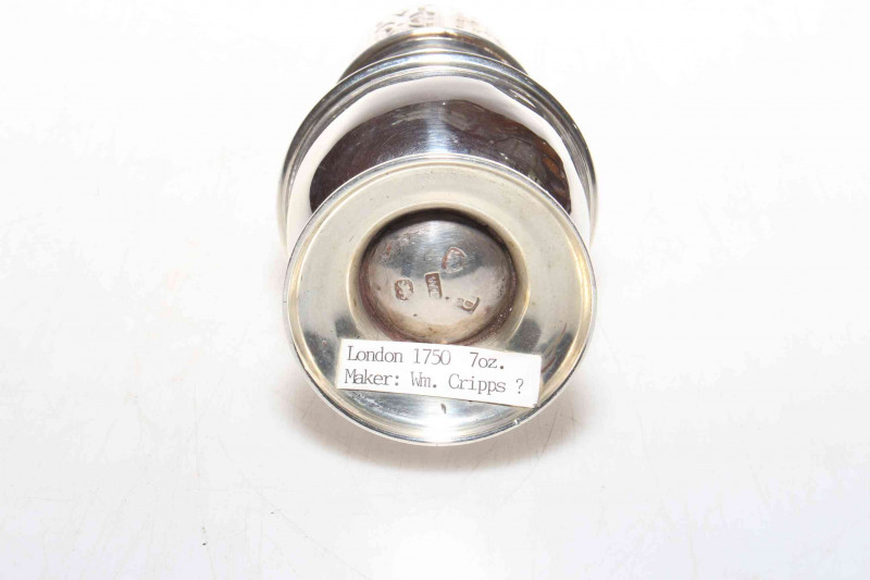 George III silver caster with spiral finial, makers mark WC, London 1790, 17cm.