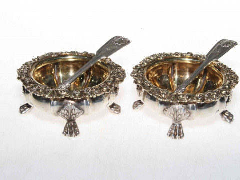 Pair Eames and Barnard silver table salts, having scroll border with gilt...