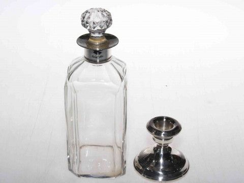 Silver collared decanter, London 1800, together with single silver dwarf...