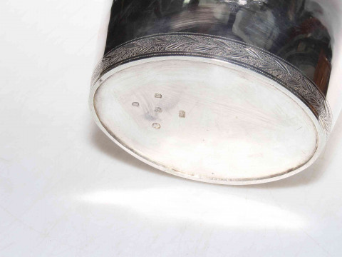 Good George III silver double caddy by Chawner & Eames, having chased borders and vacant cartouche, London 1796, with good hallmarks to base, 15cm across, 18cm high. thumbnail