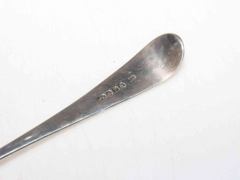 George III silver Peter and Anne Bateman straining spoon, Old English pattern, London 1792, 30cm length. thumbnail