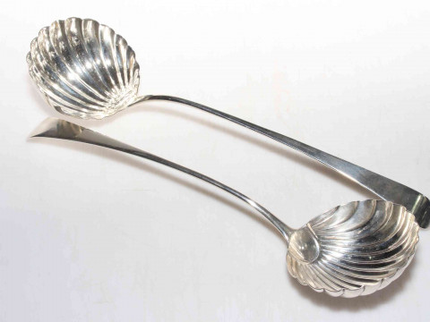 Matched pair of George III silver Old English pattern soup ladles with...