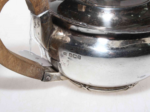 Silver teapot with reed and ribbon borders, Mappin & Webb, Sheffield 1919. thumbnail