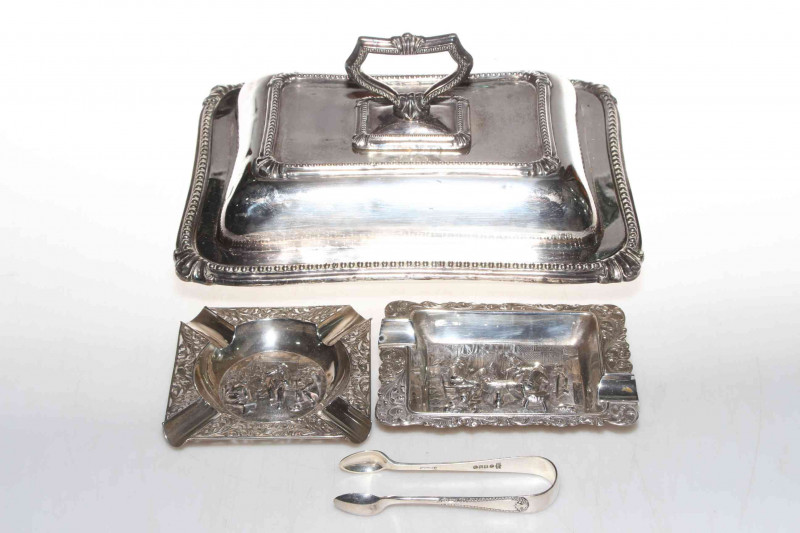Two Dutch silver repousse ashtrays by Herbert Hodijkass, Sheffield plate entree dish and pair EP tongs (4).