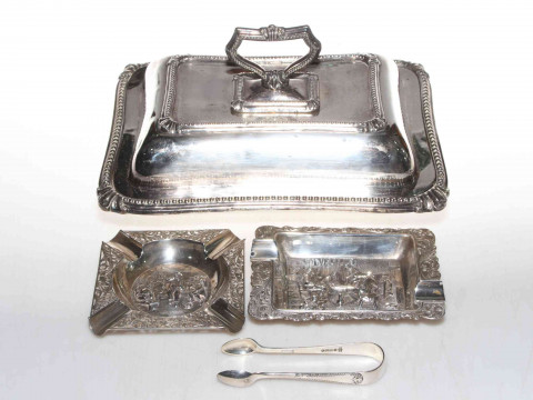 Two Dutch silver repousse ashtrays by Herbert Hodijkass, Sheffield plate...
