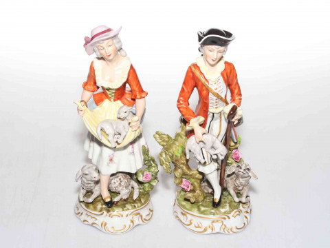 Pair Continental porcelain shepherd figures, 25cm.