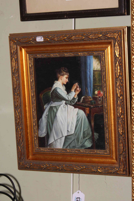 D. Goetz, Lady Threading a Needle, oil on board, signed lower right, 23.5cm by 18cm, in gilt frame.