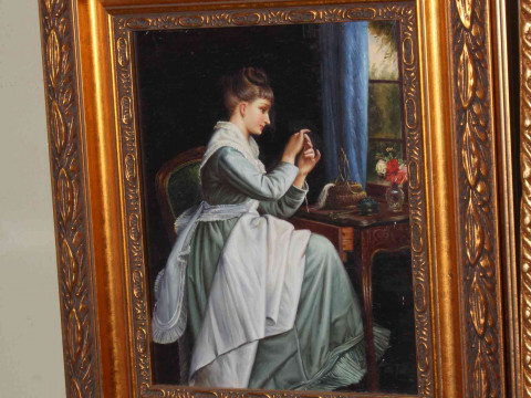 D. Goetz, Lady Threading a Needle, oil on board, signed lower right, 23.5cm...