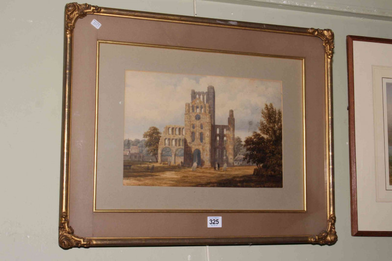 John Dobbin, Darlington Artist 1815-1888, Ruins of Kelso Abbey, with text verso, 23cm by 35cm, in gilt glazed frame.