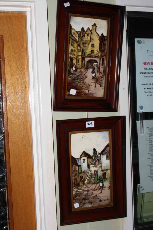 Pair framed ceramic tiles depicting Edinburgh Buildings, 39cm by 25.5cm including frames.