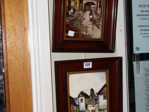 Pair framed ceramic tiles depicting Edinburgh Buildings, 39cm by 25.5cm...