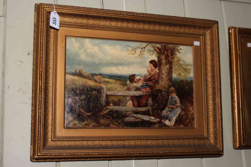 19th Century oil on canvas, Mother and Children by a Stile, 24cm by 38cm, in gilt frame.