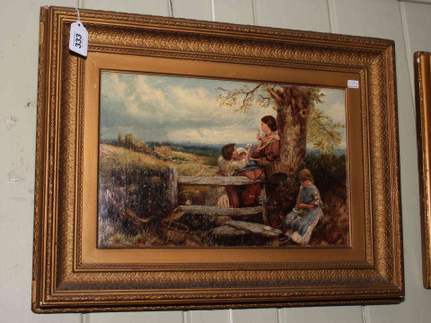 19th Century oil on canvas, Mother and Children by a Stile, 24cm by 38cm,...