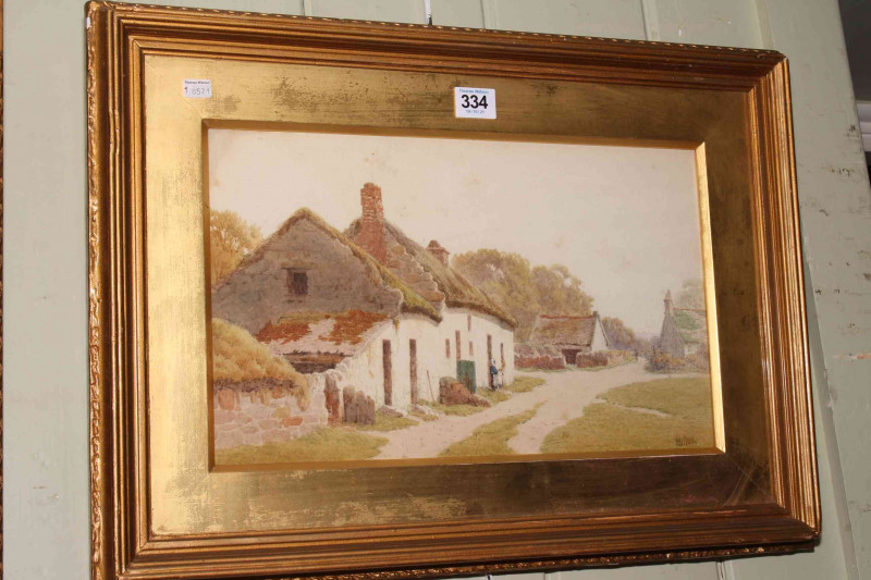 Hilton, Cottage at Prenton, Nr Birkenhead, watercolour, signed lower right, 22cm by 37.5cm, in gilt glazed frame.