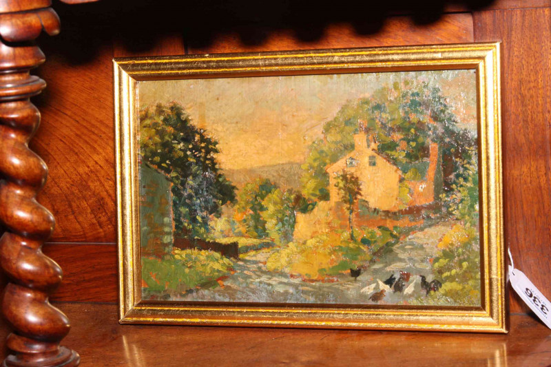 Small oil on board of country lane with hens and cottage, noted verso Fred C. Jones, Nesfield, 15cm by 23cm.