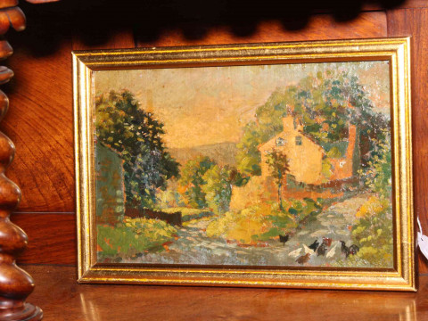 Small oil on board of country lane with hens and cottage, noted verso...