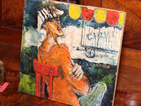 Russian oil painting of circus character, on plywood, 24cm by 24cm.