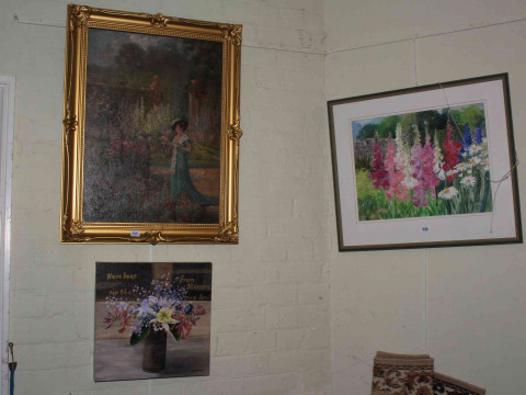 Framed floral watercolour, Lady in a Garden, oil on canvas, and A. Cooper,...