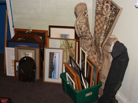 Collection of watercolours, prints, easel, mirrors and three rugs.