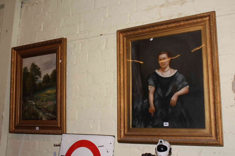 Collection of nine pictures including oils, portrait, needlework and Farm sign (10).