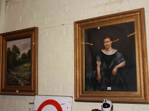 Collection of nine pictures including oils, portrait, needlework and Farm...
